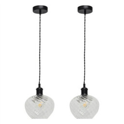 First Choice Lighting Set Of 2 Bradson - Clear Swirl Glass Black Retro Pendant Fittings - thumbnail 1