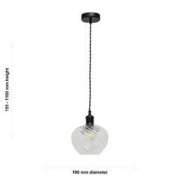 First Choice Lighting Set Of 2 Bradson - Clear Swirl Glass Black Retro Pendant Fittings - thumbnail 6
