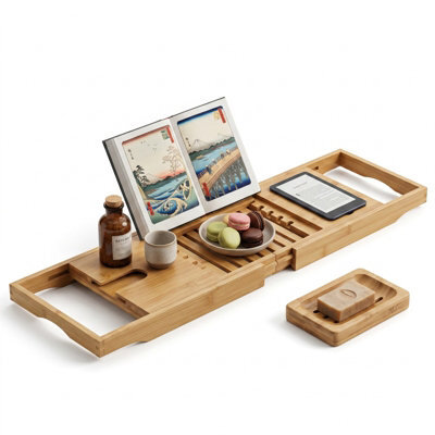 Expandable Bamboo Bath Tray Caddy For Bathtub With Wine Glass Holder, Tablet & Book Stand, Foldable Retractable Bath Organizer - image 1