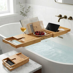 Expandable Bamboo Bath Tray Caddy For Bathtub With Wine Glass Holder, Tablet & Book Stand, Foldable Retractable Bath Organizer - thumbnail 3