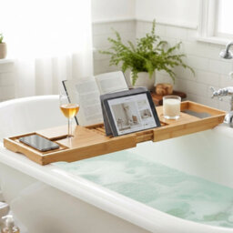 Expandable Bamboo Bath Tray Caddy For Bathtub With Wine Glass Holder, Tablet & Book Stand, Foldable Retractable Bath Organizer - thumbnail 6