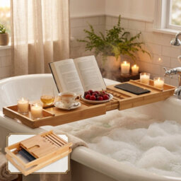 Expandable Bamboo Bath Tray Caddy For Bathtub With Wine Glass Holder, Tablet & Book Stand, Foldable Retractable Bath Organizer - thumbnail 5
