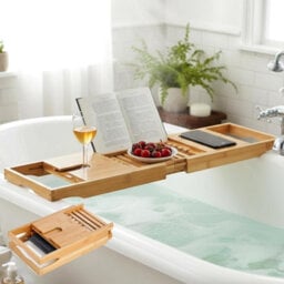 Expandable Bamboo Bath Tray Caddy For Bathtub With Wine Glass Holder, Tablet & Book Stand, Foldable Retractable Bath Organizer - thumbnail 4