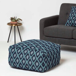 Homescapes Tula Handwoven Textured Navy & Teal Pouffe Bean Cube - thumbnail 2