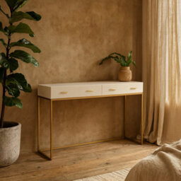 Wyld Haus Urbino Ivory Faux Shagreen Console Table With Antique Brass Frame And 4 Drawers - thumbnail 2