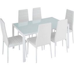 Tectake Dining Table And Chairs Brandenburg - 6 Chairs & 1 Table, Faux Leather Cover - White/white - thumbnail 1