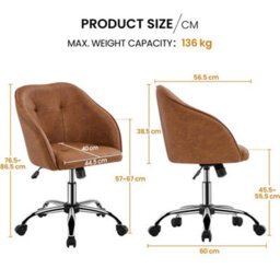Yaheetech Height Adjustable Swivel Desk Chair With Castors And Armrests - Brown / Faux Leather - thumbnail 4