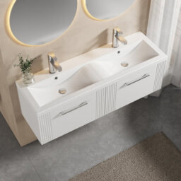 Balterley Belvide Partial Fluted 2 Drawer Wall Hung Vanity Unit With Double Ceramic Basin - 1200mm - Satin White - thumbnail 3