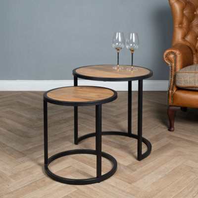Elm Home And Garden Round Nest Of Two Tables Solid Mango Wood Black Metal End Side 58Cm X 55Cm X 55Cm Fully Assembled - image 1