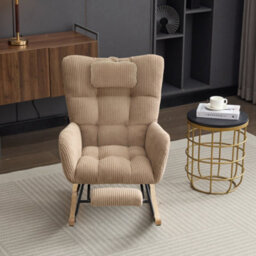 Btm Fabric Rocking Chair With Adjustable Footrest And Headrest, Wooden Legs, Side Pockets, Brown - thumbnail 9