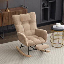 Btm Fabric Rocking Chair With Adjustable Footrest And Headrest, Wooden Legs, Side Pockets, Brown - thumbnail 8