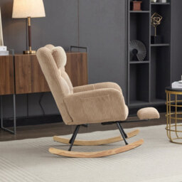 Btm Fabric Rocking Chair With Adjustable Footrest And Headrest, Wooden Legs, Side Pockets, Brown - thumbnail 4