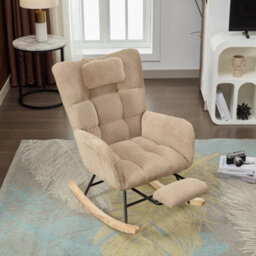 Btm Fabric Rocking Chair With Adjustable Footrest And Headrest, Wooden Legs, Side Pockets, Brown - thumbnail 1
