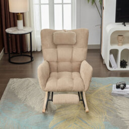 Btm Fabric Rocking Chair With Adjustable Footrest And Headrest, Wooden Legs, Side Pockets, Brown - thumbnail 3