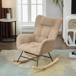 Btm Fabric Rocking Chair With Adjustable Footrest And Headrest, Wooden Legs, Side Pockets, Brown - thumbnail 2