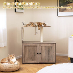 Costway Cat Tree 87Cm Tall Wooden Cat Tower With Litter Box Enclosure-Gray - thumbnail 9