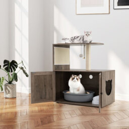 Costway Cat Tree 87Cm Tall Wooden Cat Tower With Litter Box Enclosure-Gray - thumbnail 8