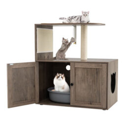 Costway Cat Tree 87Cm Tall Wooden Cat Tower With Litter Box Enclosure-Gray - thumbnail 1