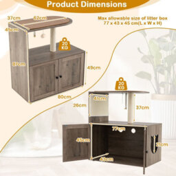 Costway Cat Tree 87Cm Tall Wooden Cat Tower With Litter Box Enclosure-Gray - thumbnail 2