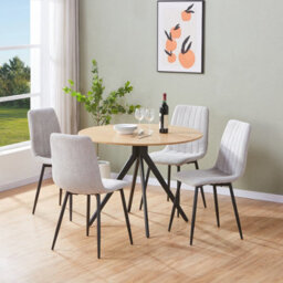 Core Products Aspen Light Oak Round Table & 4 Light Grey Cord Fabric Chair Dining Set - thumbnail 1
