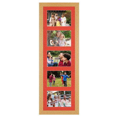 AK Frames 26X8 Country Pine Modern Multi Photo Frame With Poppy Red Mount - Holds 5 Apertures (5X) 6X4 Photos - image 1