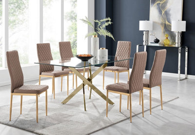 Furniturebox Uk Leonardo 6 Gold Dining Table And 6 Cappuccino Gold Leg Milan Chairs - image 1