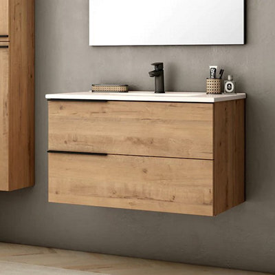 Banyetti Celtic 800mm Wall Hung Bathroom Vanity Unit With Lira Basin - Ostippo Oak - image 1