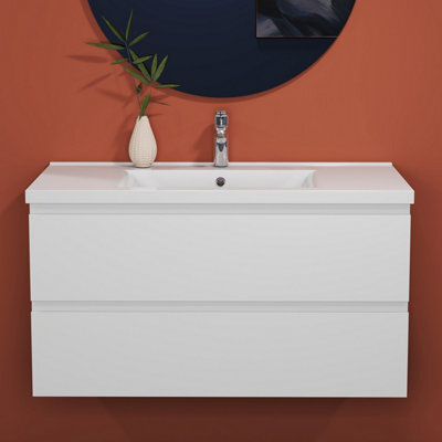 Sline 1000mm Wall Mounted Bathroom Vanity Unit With Ceramic Basin,2 Soft Close Drawers For Storage,white,flat Packed