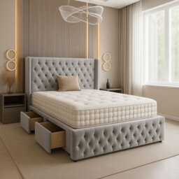 Adore Designs Chesterfield Plush Velvet Divan Bed, Winged Headboard, Mattress & Footboard - 4Ft6 Double - Silver - 2 Drawers Right Side - thumbnail 1