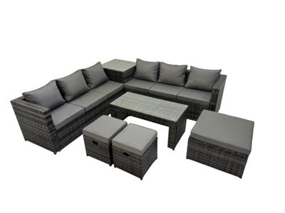 Fimous Garden Rattan Outdoor Furniture Set 9 Seater Patio Corner Sofa Oblong Coffee Table With 3 Stool Side Table Dark Grey - image 1