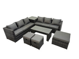 Fimous Garden Rattan Outdoor Furniture Set 9 Seater Patio Corner Sofa Oblong Coffee Table With 3 Stool Side Table Dark Grey - thumbnail 1