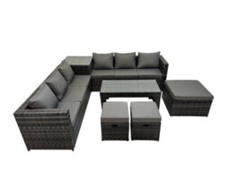 Fimous Garden Rattan Outdoor Furniture Set 9 Seater Patio Corner Sofa Oblong Coffee Table With 3 Stool Side Table Dark Grey - thumbnail 2