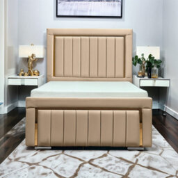 UKBEDFURNITURE Princess Beige Plush Valvet Upholstered Bed Frame - Slatted Base With 10 Inch Orthopedic Mattress - 48 Inch Headboard - thumbnail 1