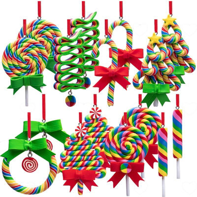 Amorly 16Pcs Rainbow Candy Cane Lollipop Ornaments, Hand Feel Polymer Clay Hanging Decor For Christmas Tree And Xmas Party Celebrations - image 1