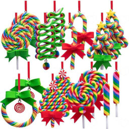 Amorly 16Pcs Rainbow Candy Cane Lollipop Ornaments, Hand Feel Polymer Clay Hanging Decor For Christmas Tree And Xmas Party Celebrations - thumbnail 1