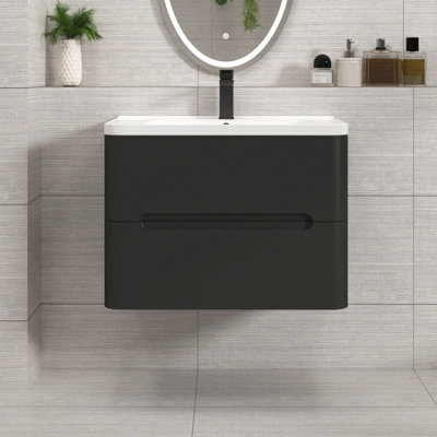 Royal Bathrooms Venice 700mm Matt Nocturne Black Wall Hung Vanity Unit 2 Drawer With Ceramic Basin - image 1