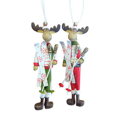 Sass & Belle Christmas Set Of 2 Skiing Reindeer Hanging Tree Decorations, Multicolour, 11.5 X 3.5 Cm.