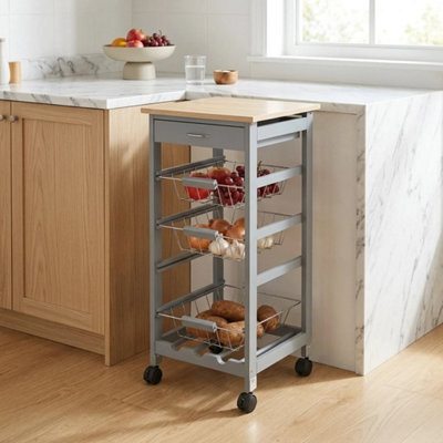 3 Tier Kitchen Utility Cart Bamboo Worktop Storage Trolley With Drawers & Wheels - image 1