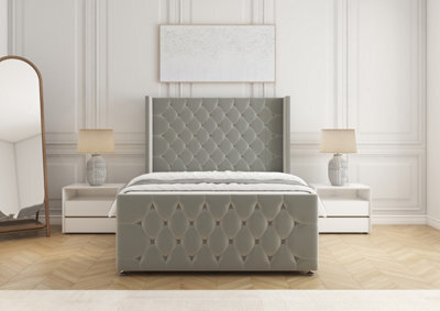 "Bsspoke Divan Bed Set Silver Velvet With 54Inch Wingedback Headboard & 20"" Footboard & Mattress No Drawers 3Ft 4Ft 4Ft6 5Ft 6Ft" - image 1