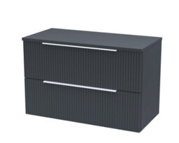 Hudson Reed Nuie Fluted Wall Hung 2-Drawer Vanity Unit & Black Laminate Worktop, Sleek Counter Top Vanity Unit In Soft Black, 800mm