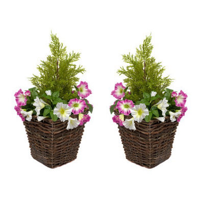 GreenBrokers Artificial Rattan Patio Planters With Pink & White Petunias & Cedar Topiary (Set Of 2) - image 1