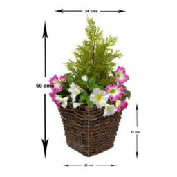 GreenBrokers Artificial Rattan Patio Planters With Pink & White Petunias & Cedar Topiary (Set Of 2) - thumbnail 2