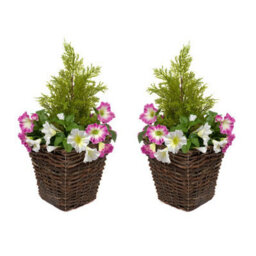 GreenBrokers Artificial Rattan Patio Planters With Pink & White Petunias & Cedar Topiary (Set Of 2) - thumbnail 1