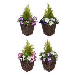 GreenBrokers Artificial Rattan Patio Planters With Pink & White Petunias & Cedar Topiary (Set Of 2) - thumbnail 4