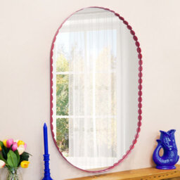 Biznest Colourful Chic Scalloped Edge Design Mirror Oval Wall Mounted Vibrant Red Sleek Metal Frame Clear Large Display 100X65 Cm - thumbnail 1