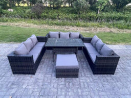 Fimous Outdoor Garden Furniture Rattan Lounge Sofa Set Patio Rectangular Dining Table With Big Footstool 10 Seater Dark Grey - thumbnail 1