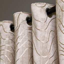 "OHS Velvet Eyelet Curtains Metallic Foil Wave Pair Of Ring Top, Natural - 66 X 90""" - thumbnail 4