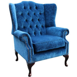 Chesterfield Flat High Back Wing Chair Royal Blue Fabric In Mallory Style - thumbnail 2