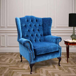 Chesterfield Flat High Back Wing Chair Royal Blue Fabric In Mallory Style - thumbnail 1