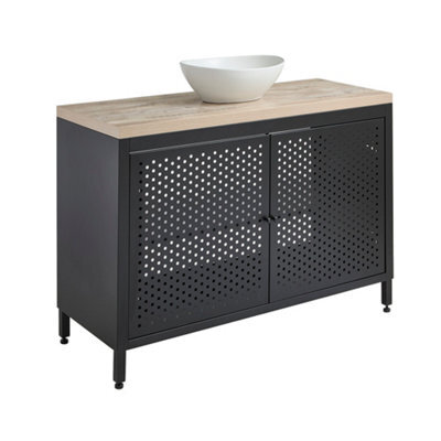 Homestylestore 1200mm Black Metal Floorstanding Bathroom Vanity Unit Light Oak Countertop And Oval Chalk Basin - image 1